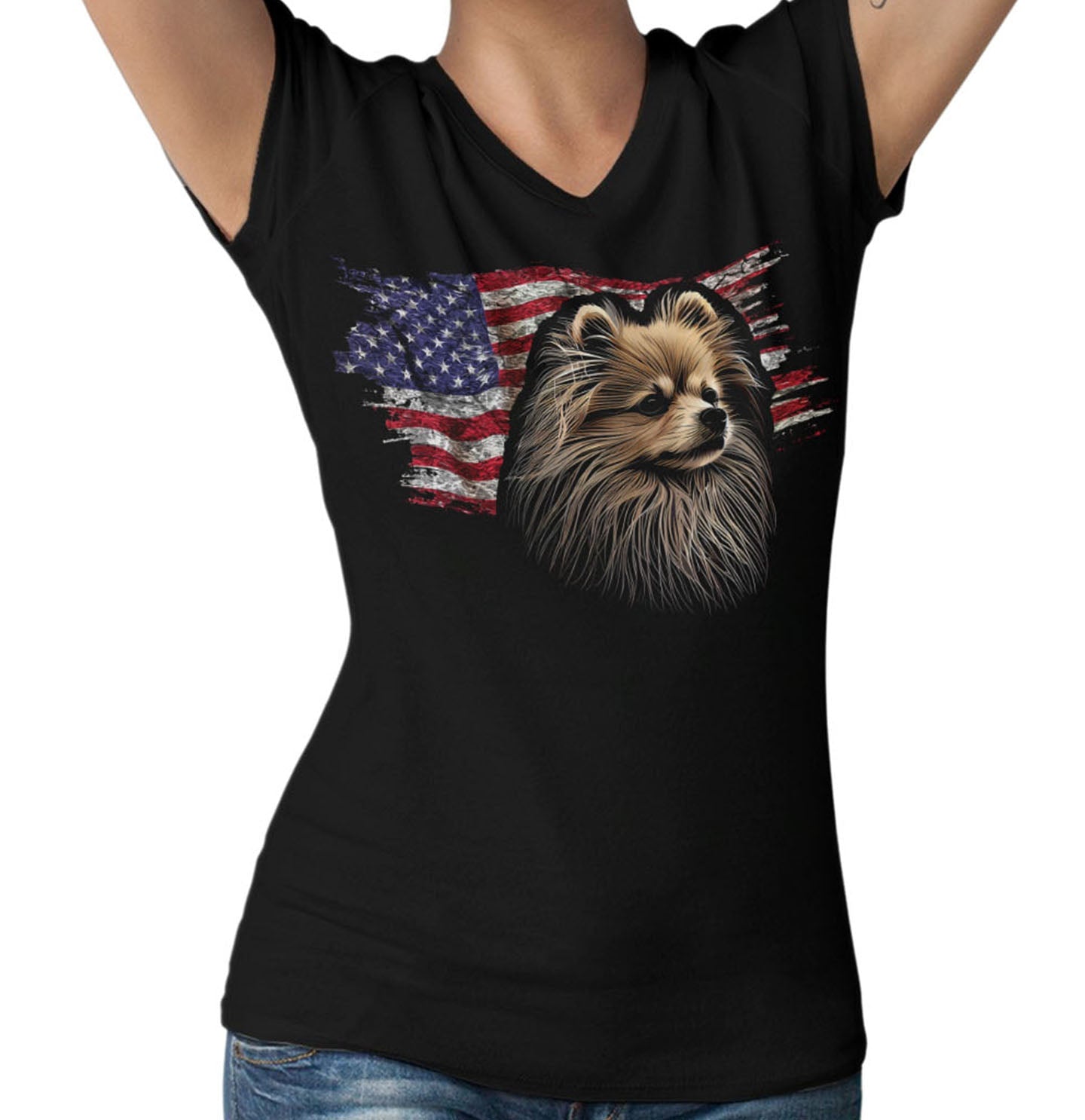 Patriotic Pomeranian American Flag - Women's V-Neck T-Shirt