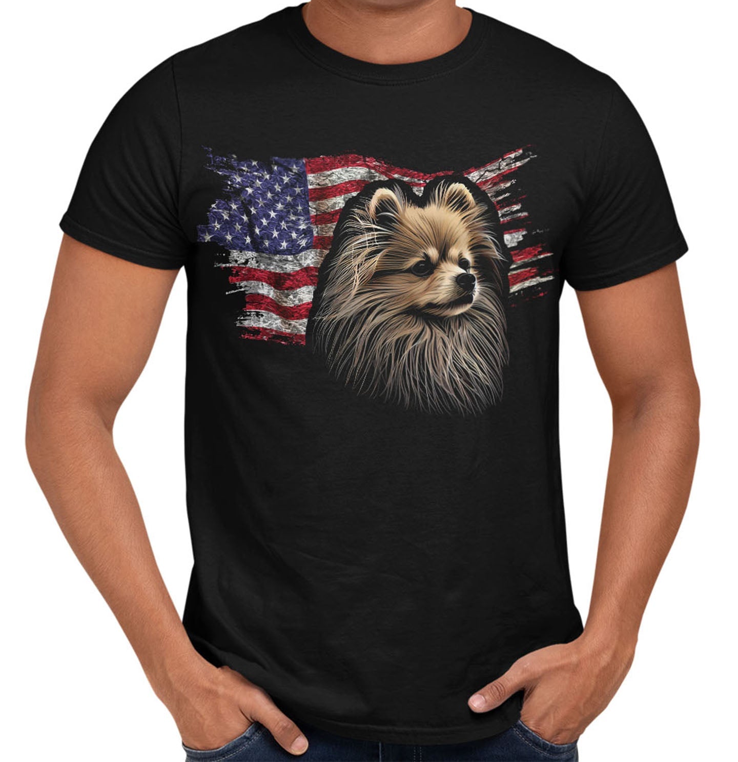 Patriotic Pomeranian American Flag - Adult Unisex T-Shirt