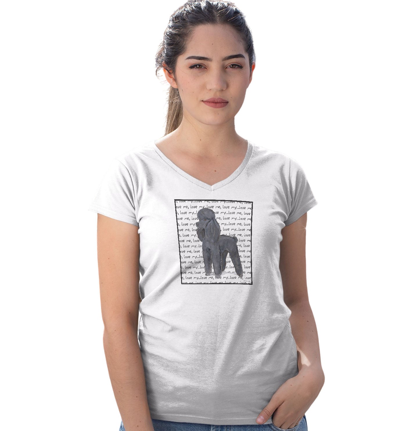 Black Poodle Love Text - Women's V-Neck T-Shirt