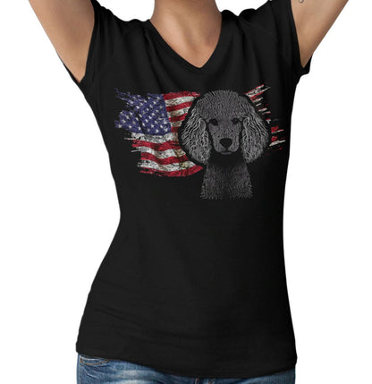 Patriotic Poodle American Flag - Women's V-Neck T-Shirt