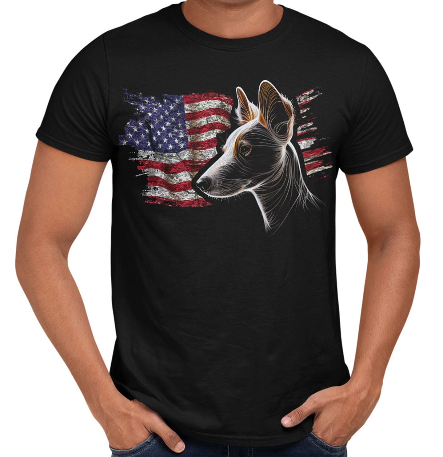 Patriotic Portuguese Podengo Pequeno American Flag - Adult Unisex T-Shirt
