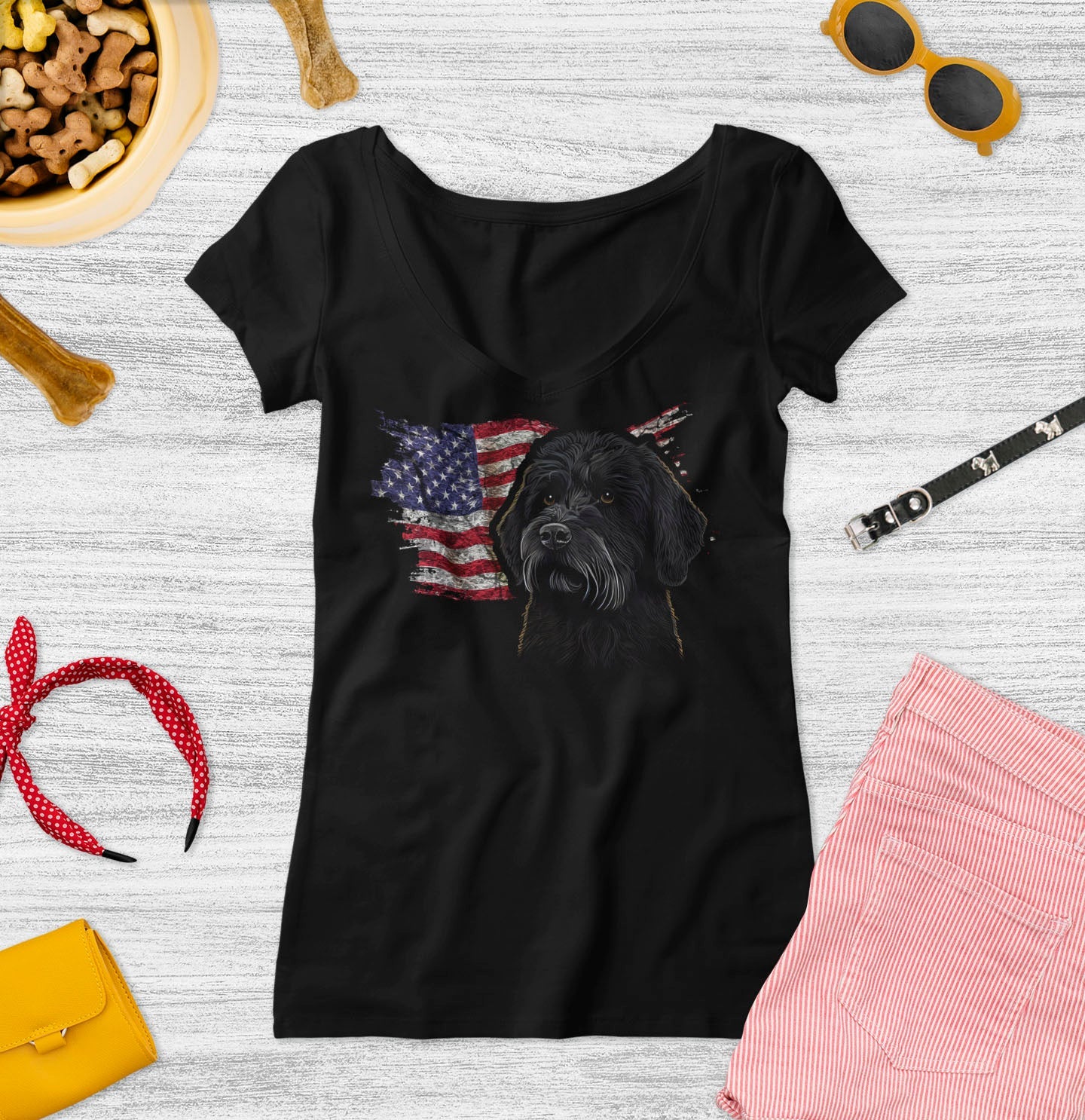 Patriotic Portuguese Water Dog American Flag - Women's V-Neck T-Shirt