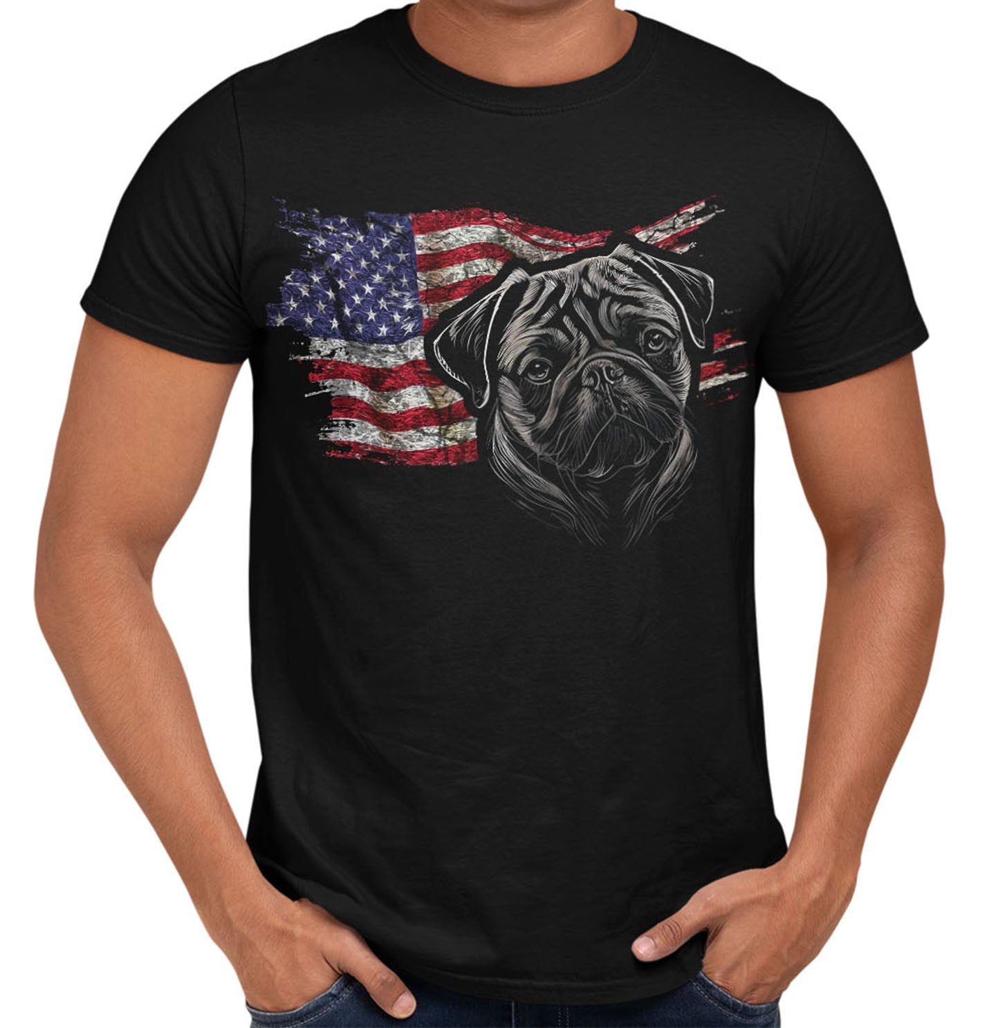 Patriotic Pug American Flag - Adult Unisex T-Shirt