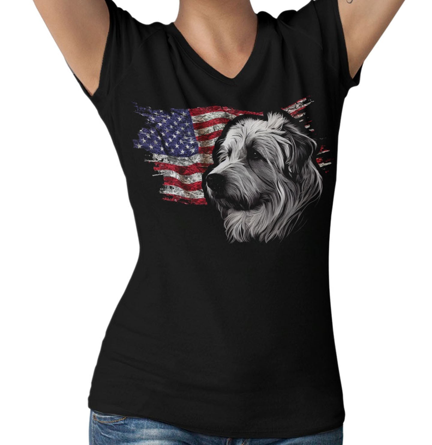 Patriotic Pyrenean Shepherd American Flag - Women's V-Neck T-Shirt