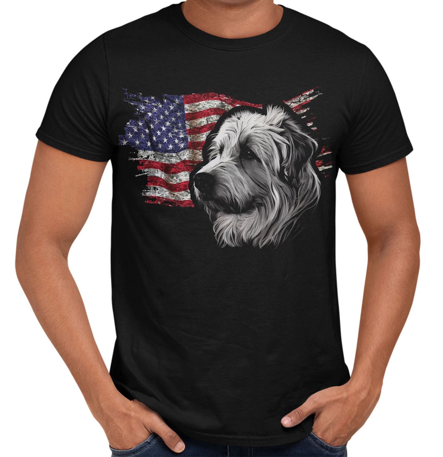 Patriotic Pyrenean Shepherd American Flag - Adult Unisex T-Shirt