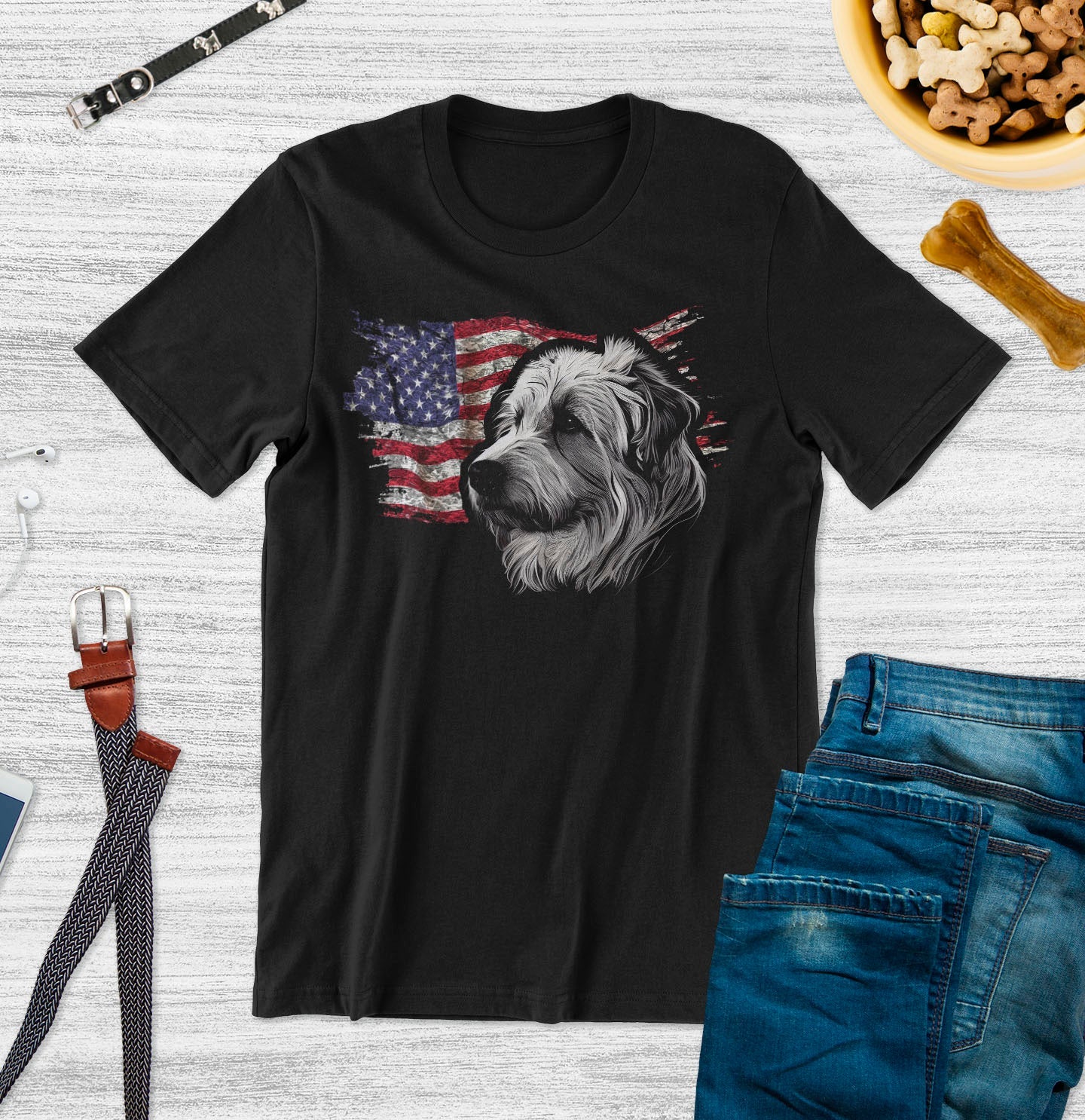 Patriotic Pyrenean Shepherd American Flag - Adult Unisex T-Shirt