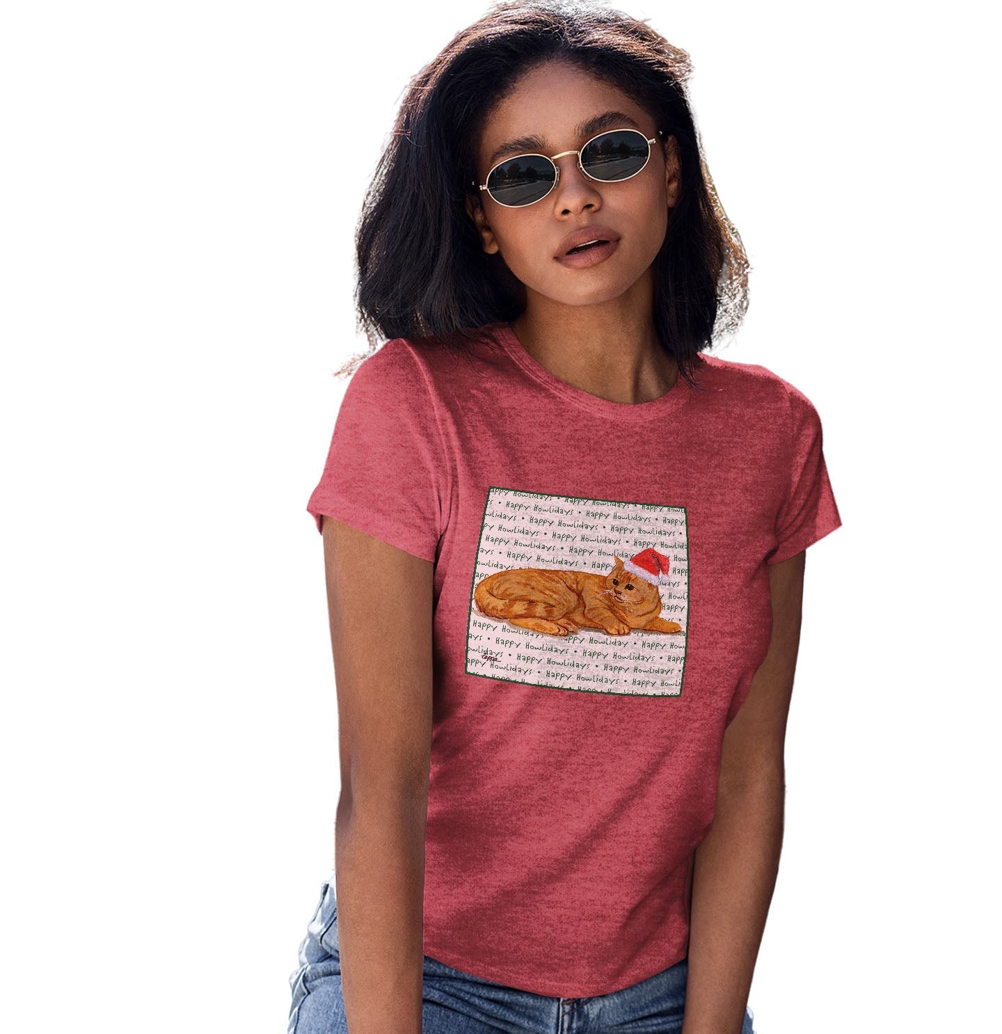 Red Tabby Cat Happy Howlidays Text - Women's Tri-Blend T-Shirt