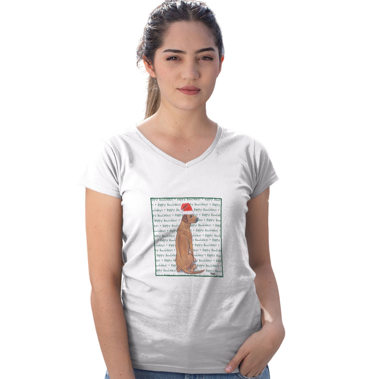 Rhodesian Ridgeback Happy Howlidays Text - Women's V-Neck T-Shirt