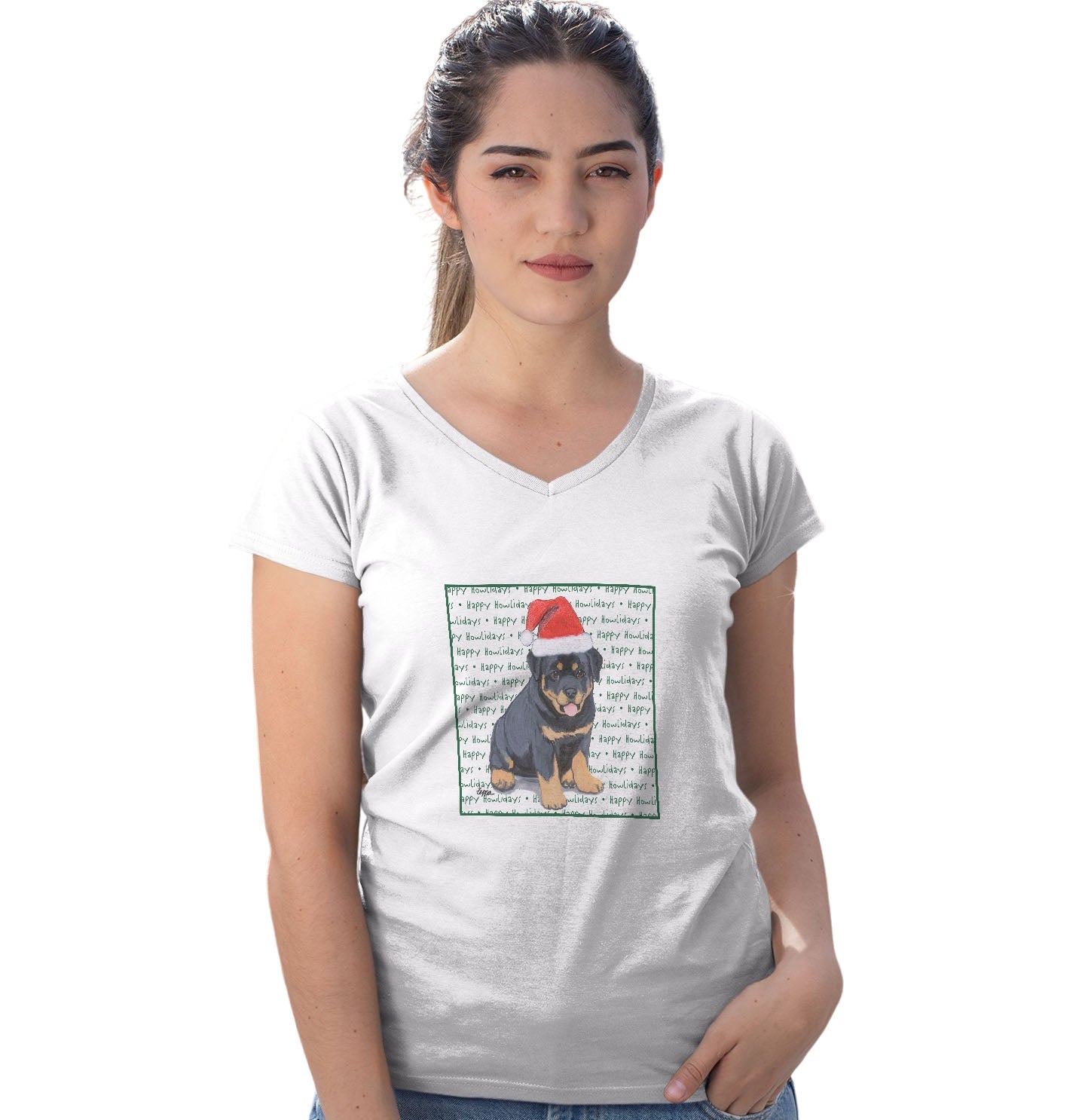 Rottweiler Puppy Happy Howlidays Text - Women's V-Neck T-Shirt