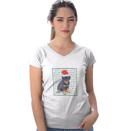 Rottweiler Puppy Happy Howlidays Text - Women's V-Neck T-Shirt