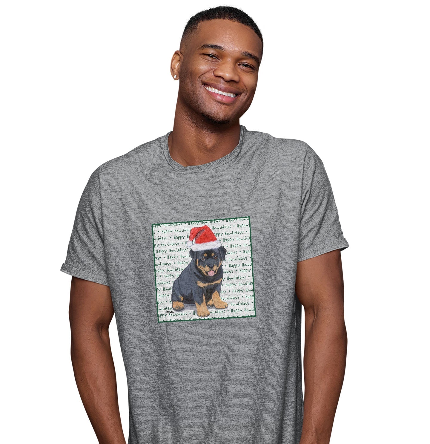 Rottweiler Puppy Happy Howlidays Text - Adult Unisex T-Shirt