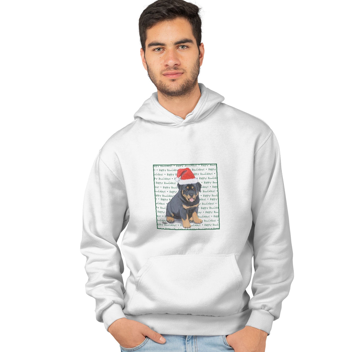 Rottweiler Puppy Happy Howlidays Text - Adult Unisex Hoodie Sweatshirt