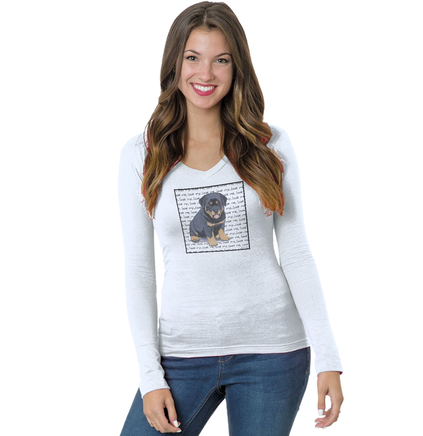 Rottweiler Puppy Love Text - Women's V-Neck Long Sleeve T-Shirt