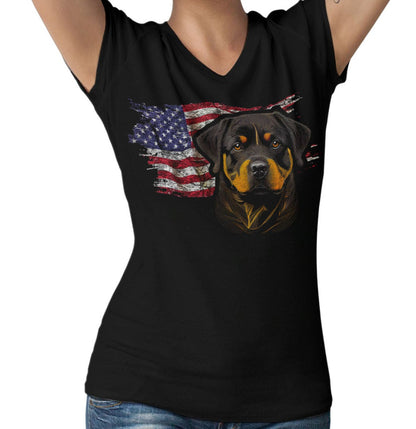 Patriotic Rottweiler American Flag - Women's V-Neck T-Shirt