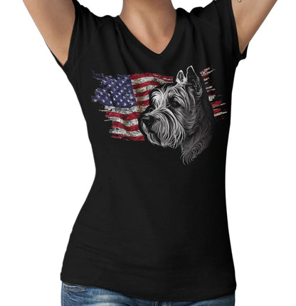 Patriotic Russell Terrier American Flag - Women's V-Neck T-Shirt