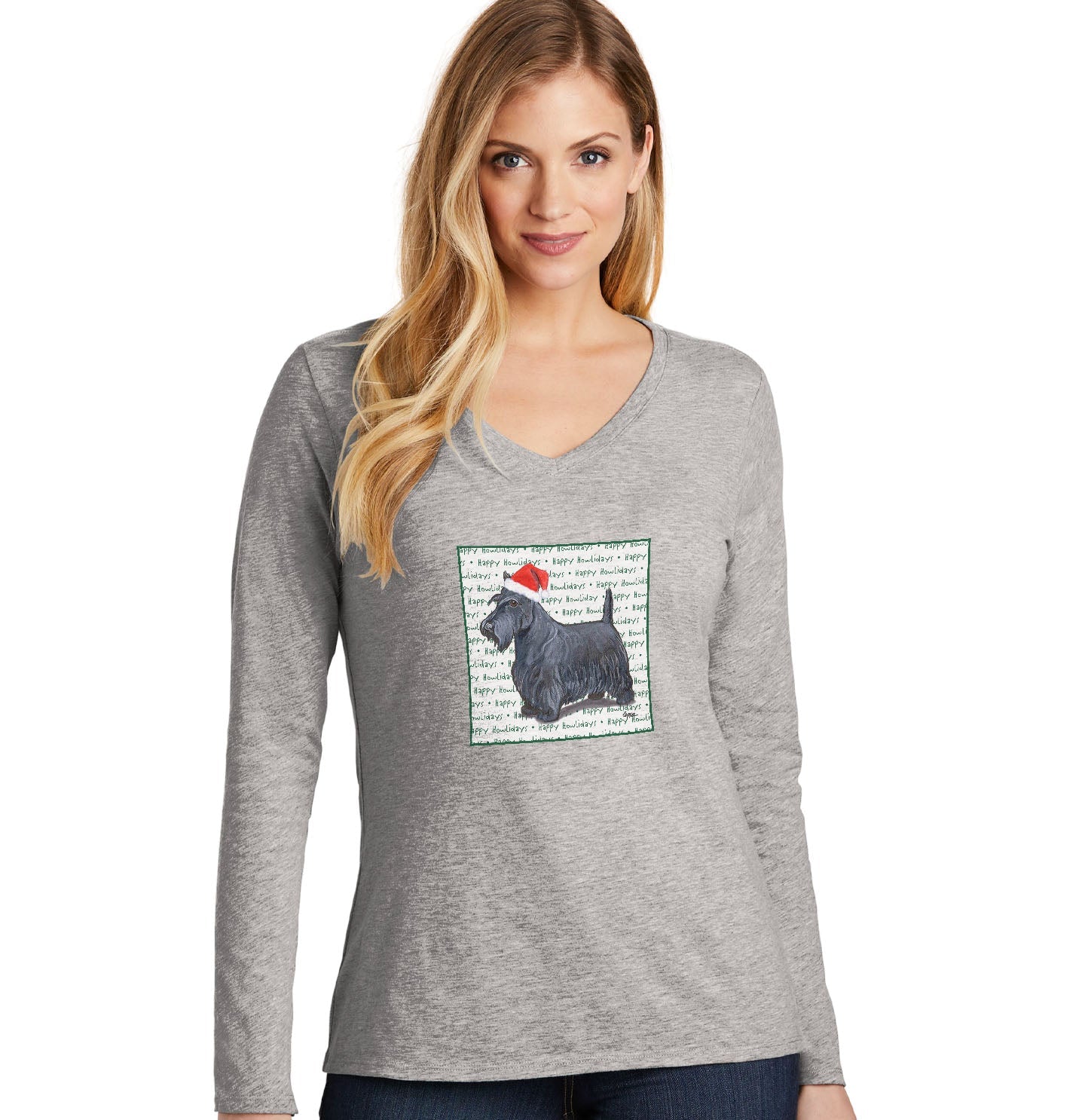 Scottish Terrier Happy Howlidays Text - Women's V-Neck Long Sleeve T-Shirt