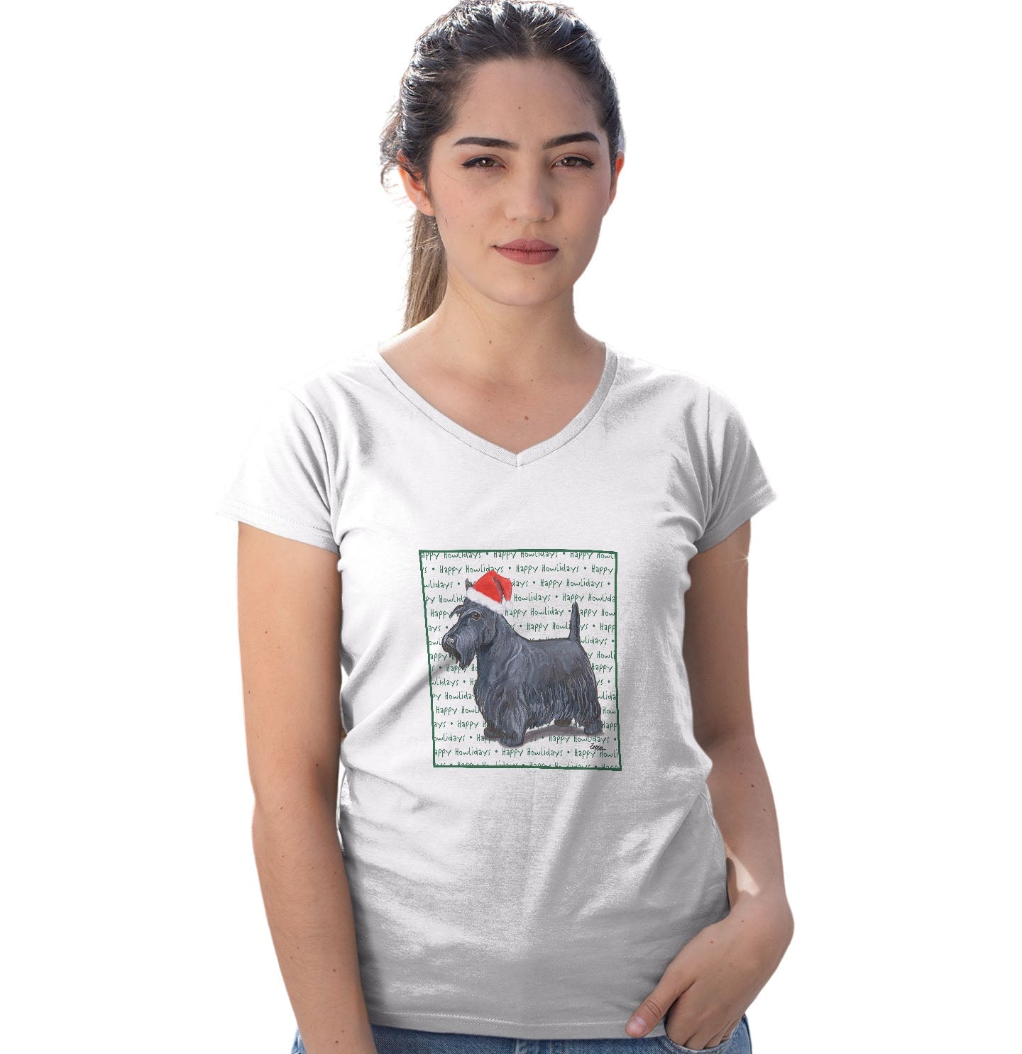 Scottish Terrier Happy Howlidays Text - Women's V-Neck T-Shirt