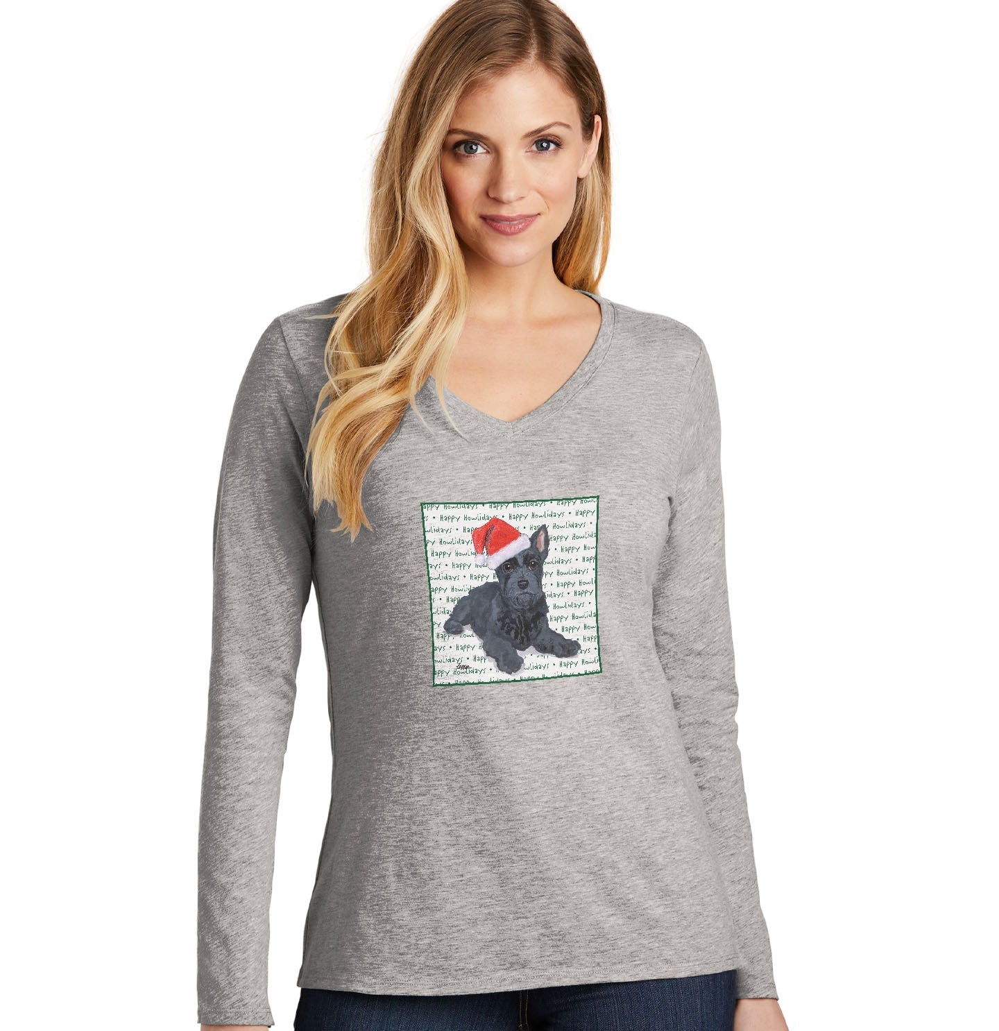 Scottish Terrier Puppy Happy Howlidays Text - Women's V-Neck Long Sleeve T-Shirt