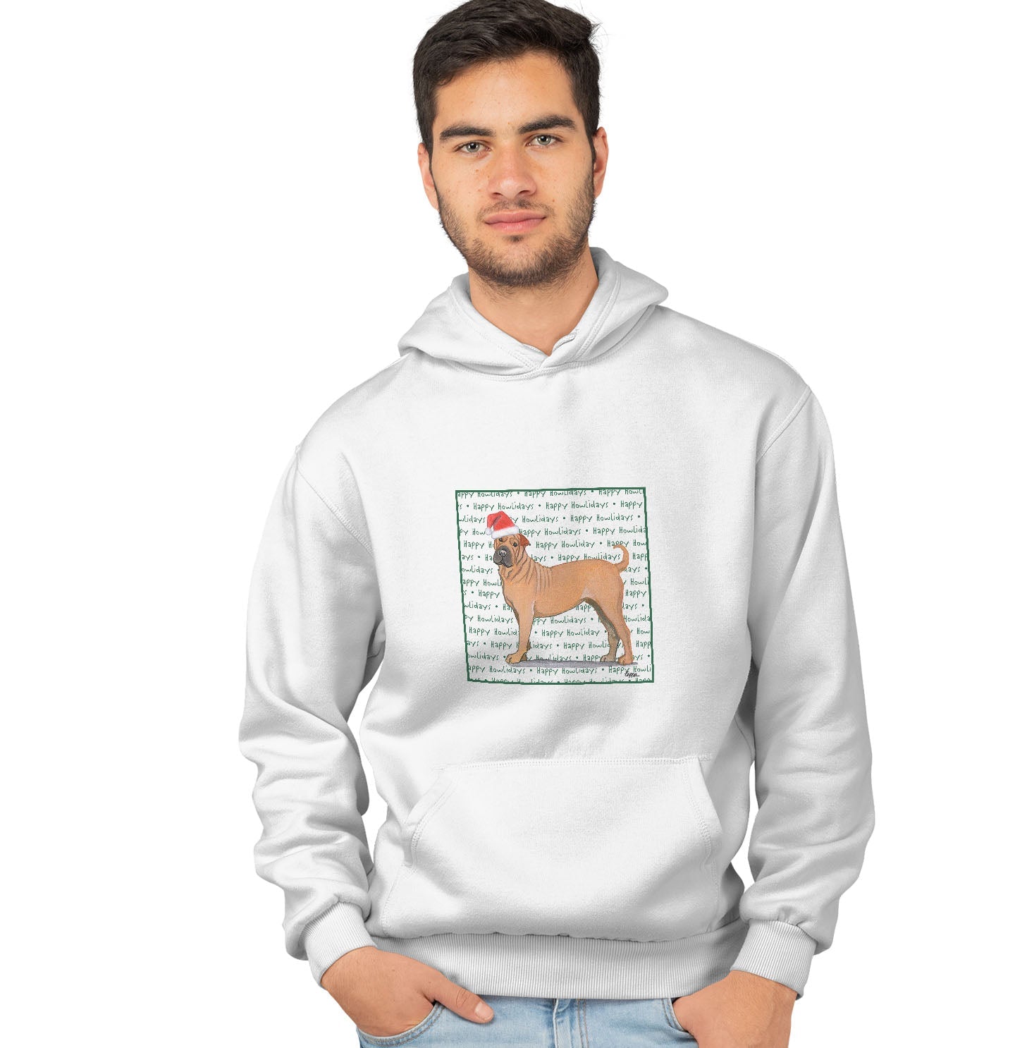 Chinese Shar-Pei Happy Howlidays Text - Adult Unisex Hoodie Sweatshirt