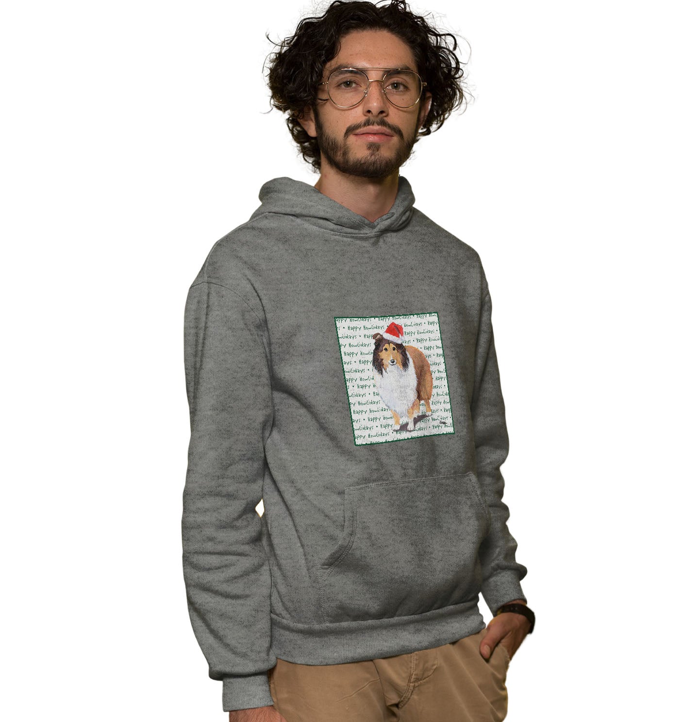 Shetland Sheepdog Happy Howlidays Text - Adult Unisex Hoodie Sweatshirt