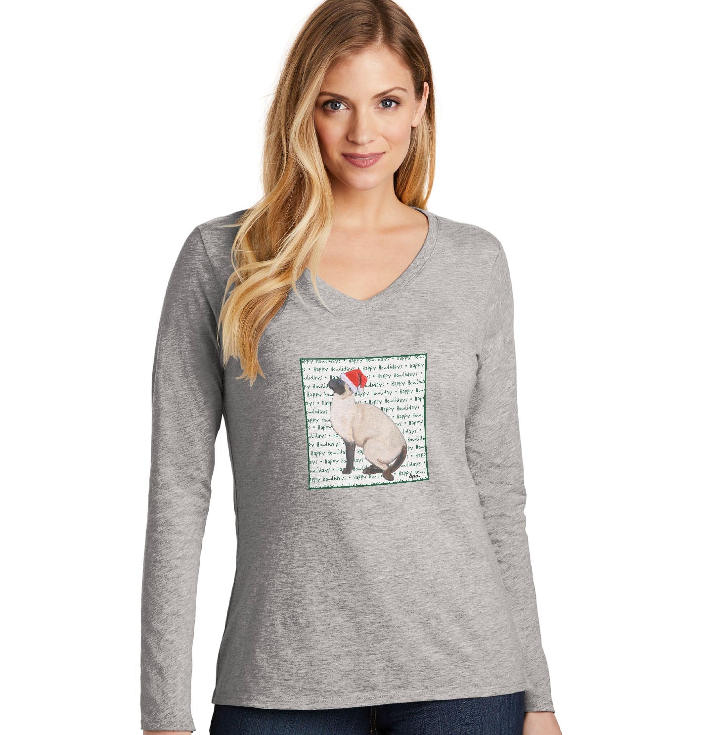Siamese Cat Happy Howlidays Text - Women's V-Neck Long Sleeve T-Shirt