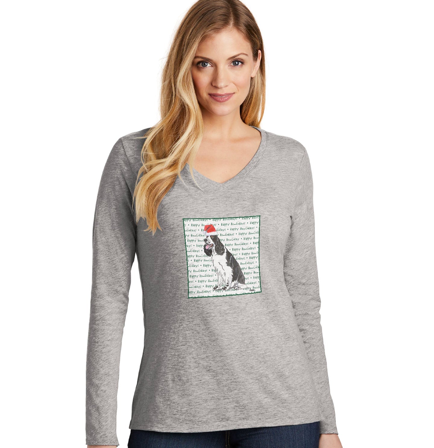 English Springer Spaniel (Black & White) Happy Howlidays Text - Women's V-Neck Long Sleeve T-Shirt