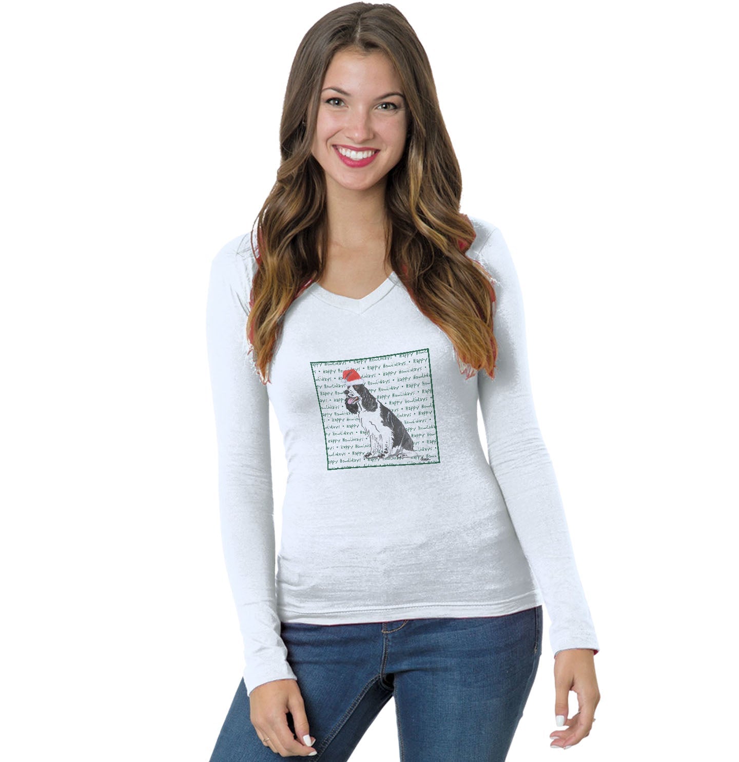 English Springer Spaniel (Black & White) Happy Howlidays Text - Women's V-Neck Long Sleeve T-Shirt
