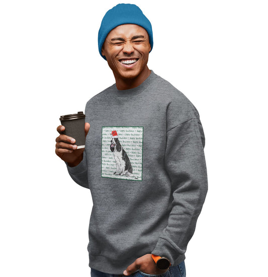 English Springer Spaniel (Black & White) Happy Howlidays Text - Adult Unisex Crewneck Sweatshirt