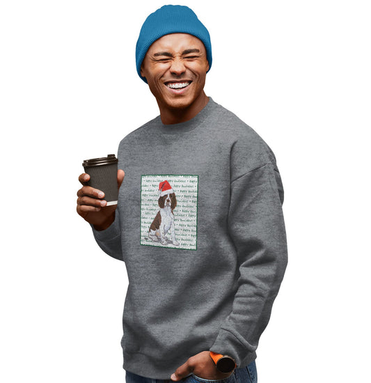 English Springer Spaniel Puppy Happy Howlidays Text - Adult Unisex Crewneck Sweatshirt