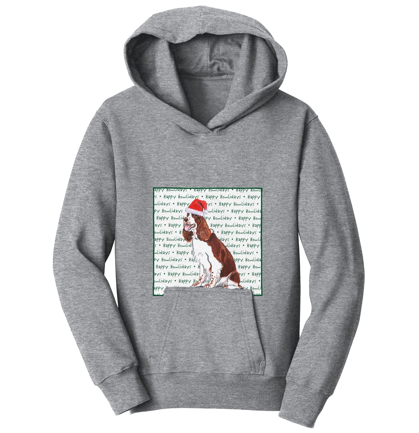 English Springer Spaniel (Liver & White) Happy Howlidays Text - Kids' Unisex Hoodie Sweatshirt