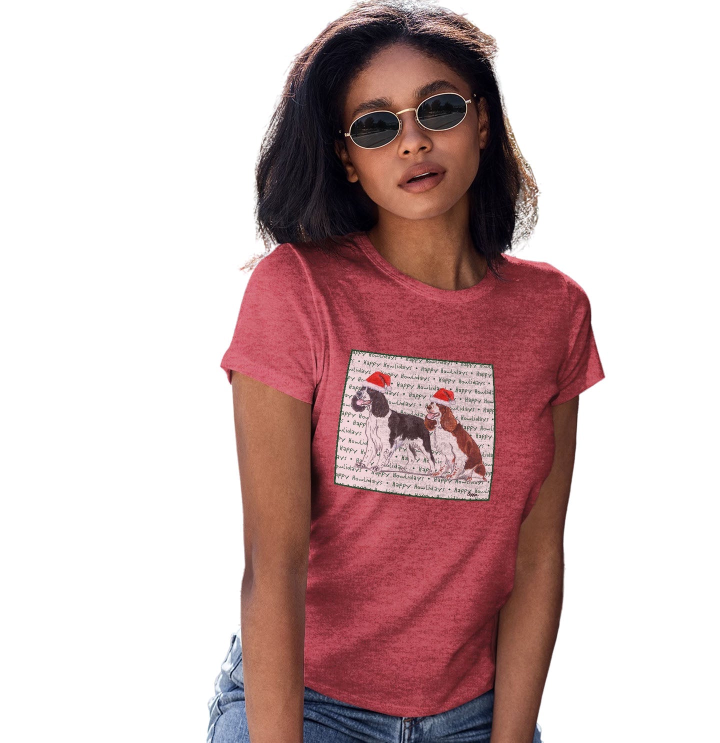 English Springer Spaniel Pair Happy Howlidays Text - Women's Tri-Blend T-Shirt