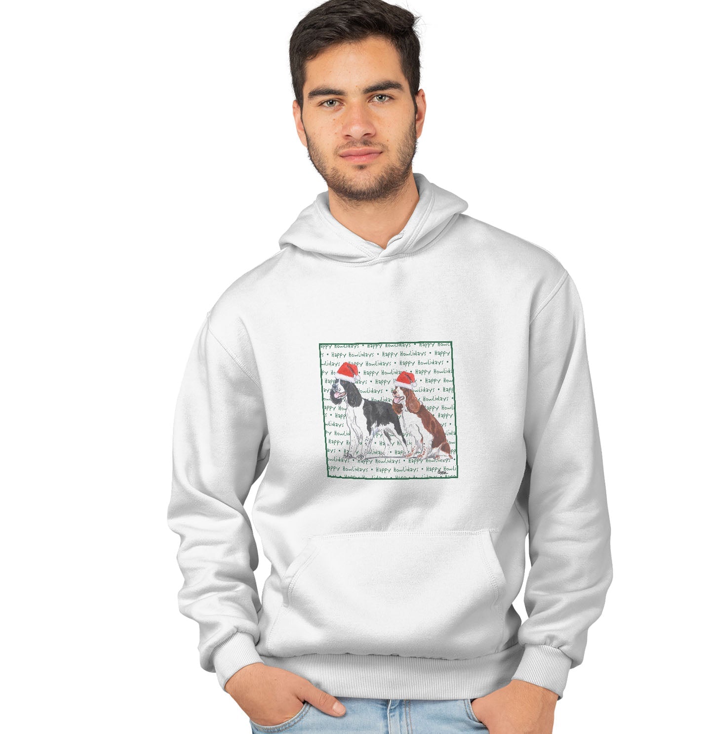 English Springer Spaniel Pair Happy Howlidays Text - Adult Unisex Hoodie Sweatshirt