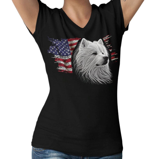 Patriotic Samoyed American Flag - Women's V-Neck T-Shirt