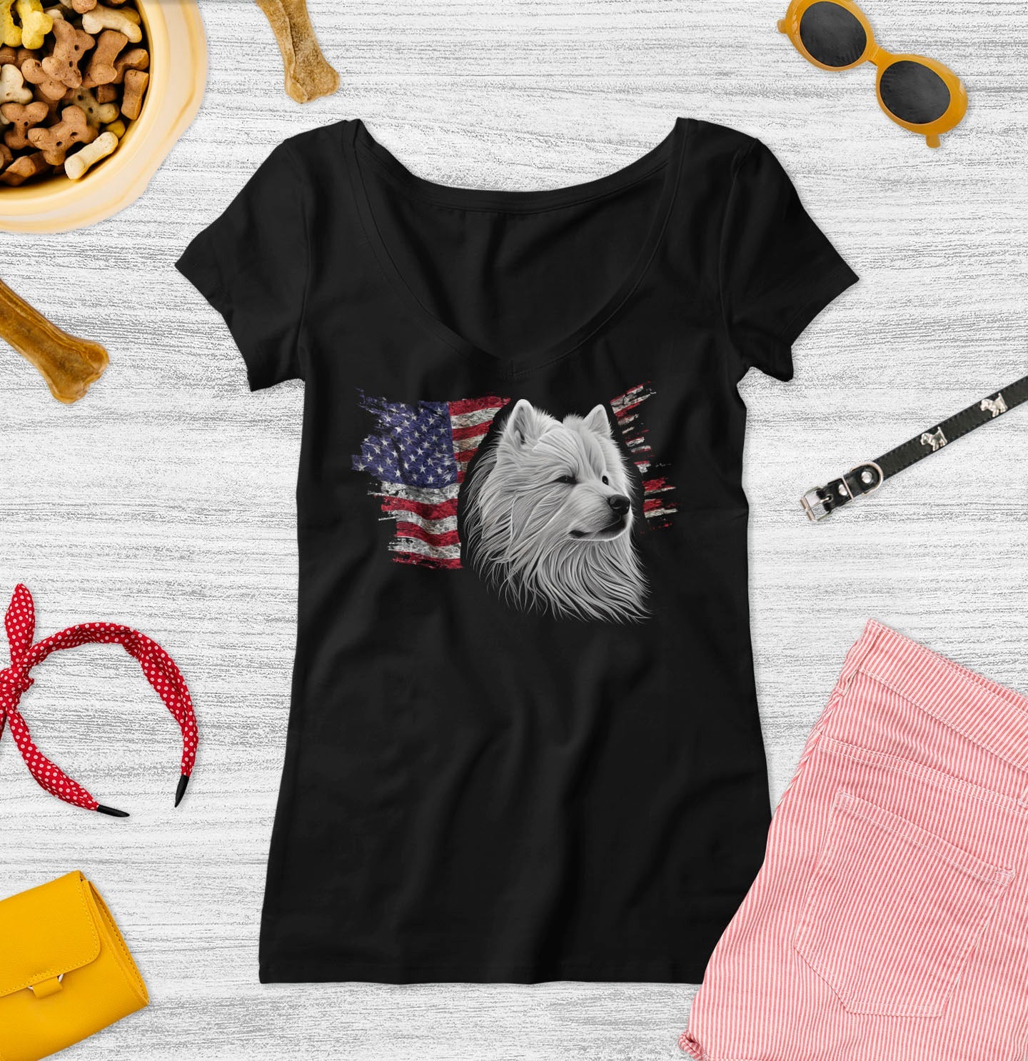 Patriotic Samoyed American Flag - Women's V-Neck T-Shirt