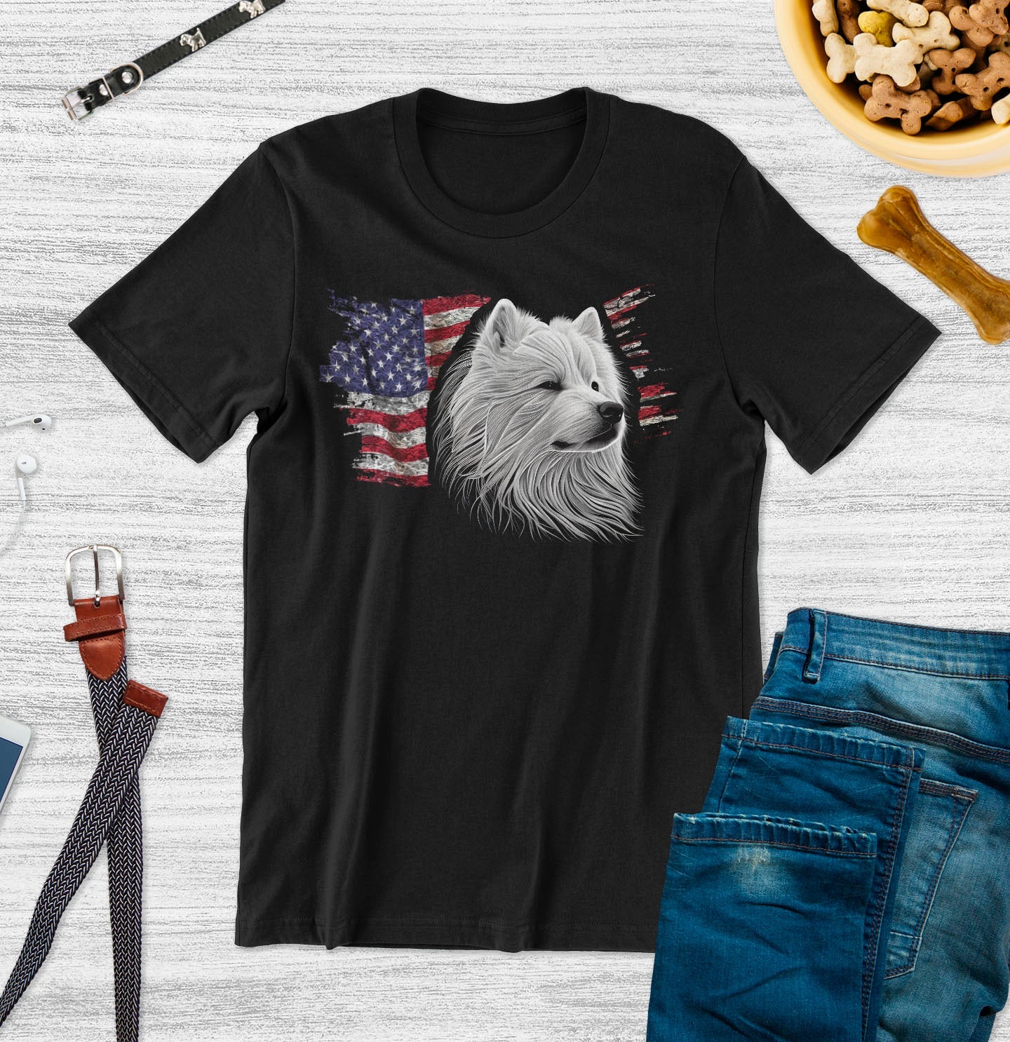 Patriotic Samoyed American Flag - Adult Unisex T-Shirt