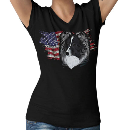 Patriotic Shetland Sheepdog American Flag - Women's V-Neck T-Shirt