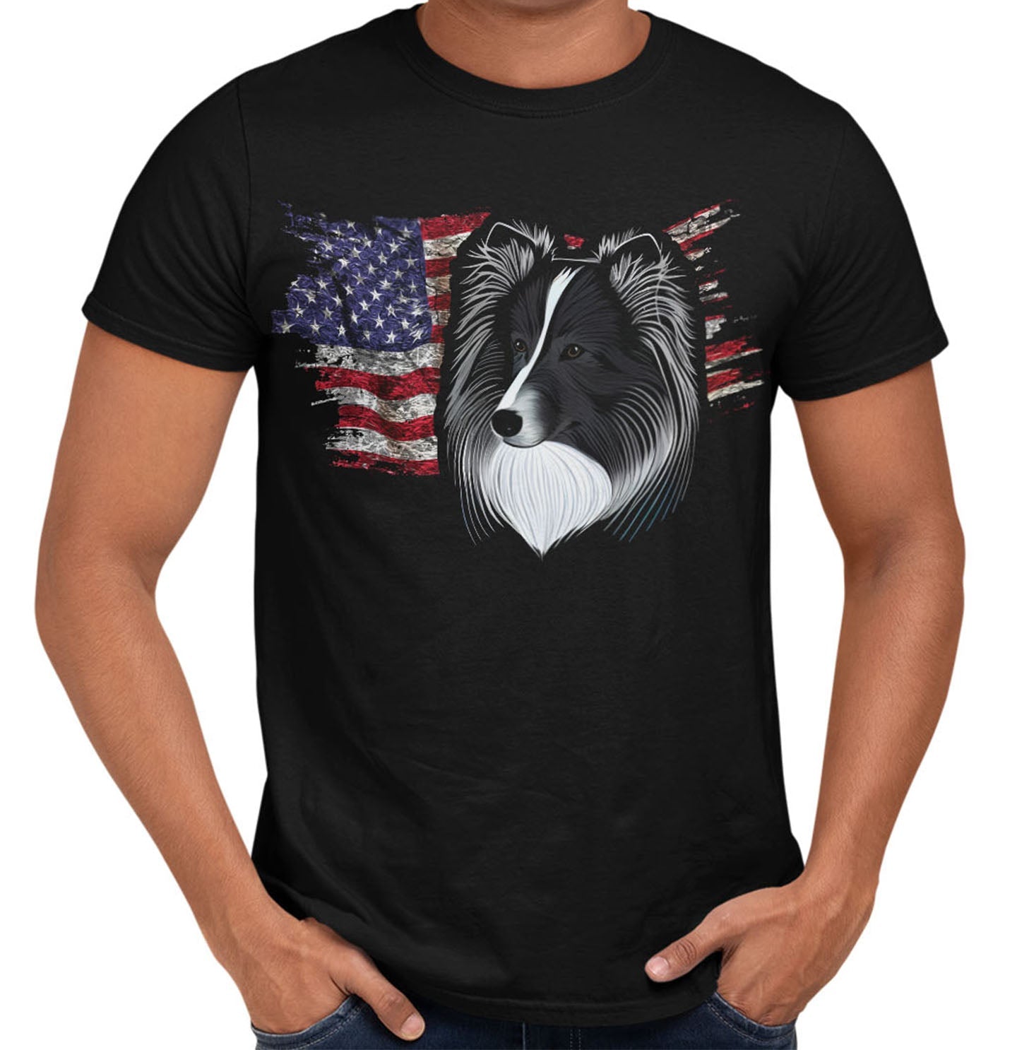 Patriotic Shetland Sheepdog American Flag - Adult Unisex T-Shirt