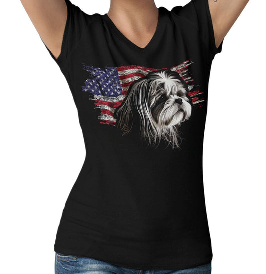 Patriotic Shih Tzu American Flag - Women's V-Neck T-Shirt