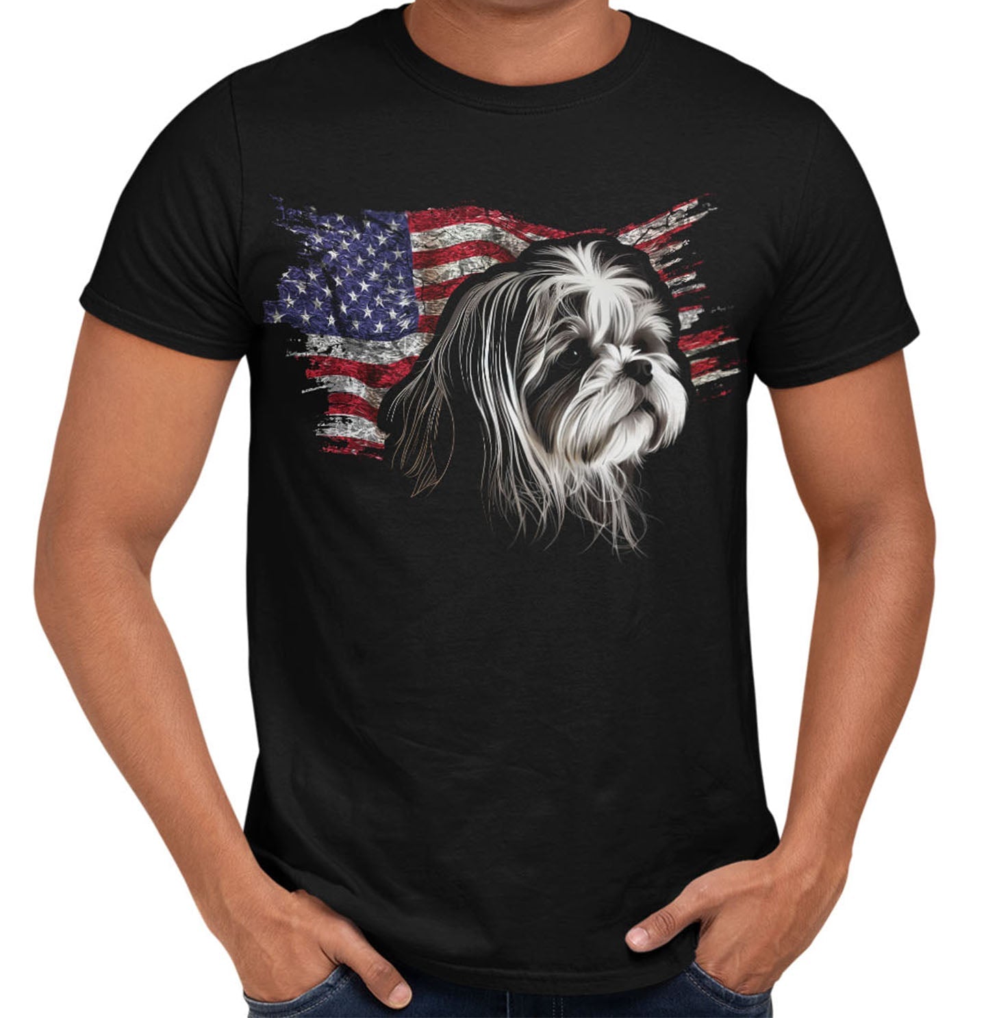 Patriotic Shih Tzu American Flag - Adult Unisex T-Shirt