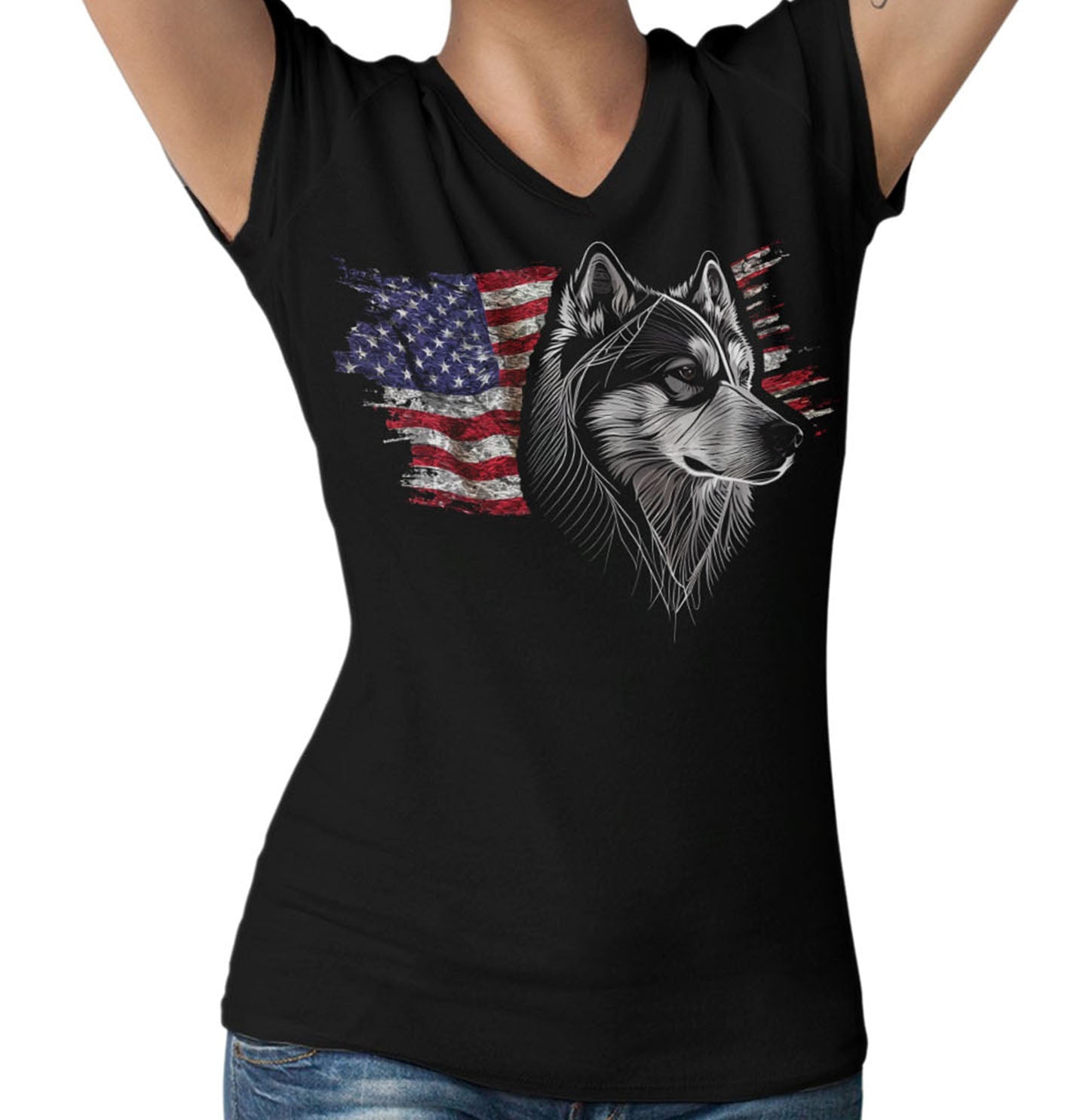 Patriotic Siberian Husky American Flag - Women's V-Neck T-Shirt
