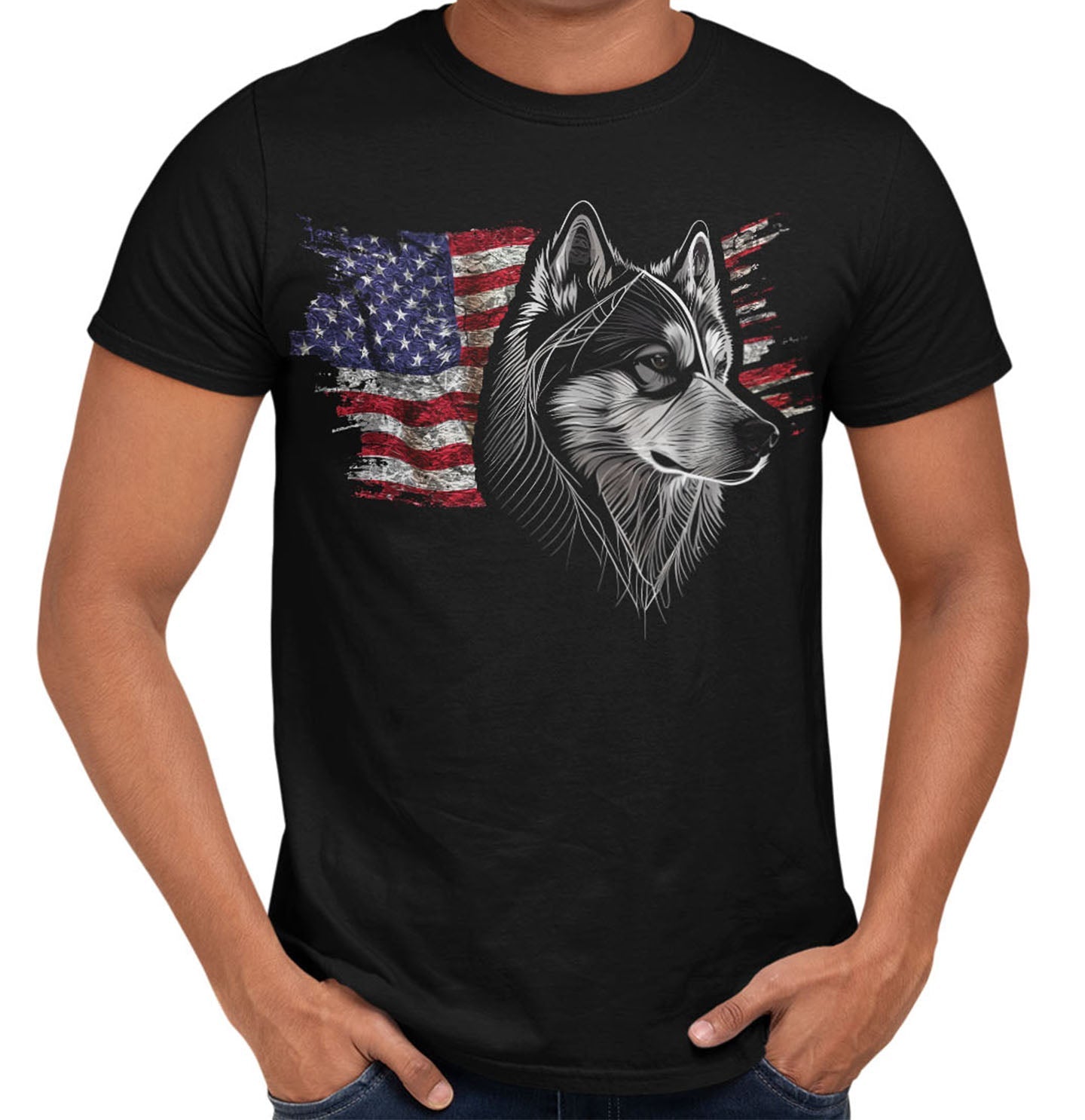 Patriotic Siberian Husky American Flag - Adult Unisex T-Shirt
