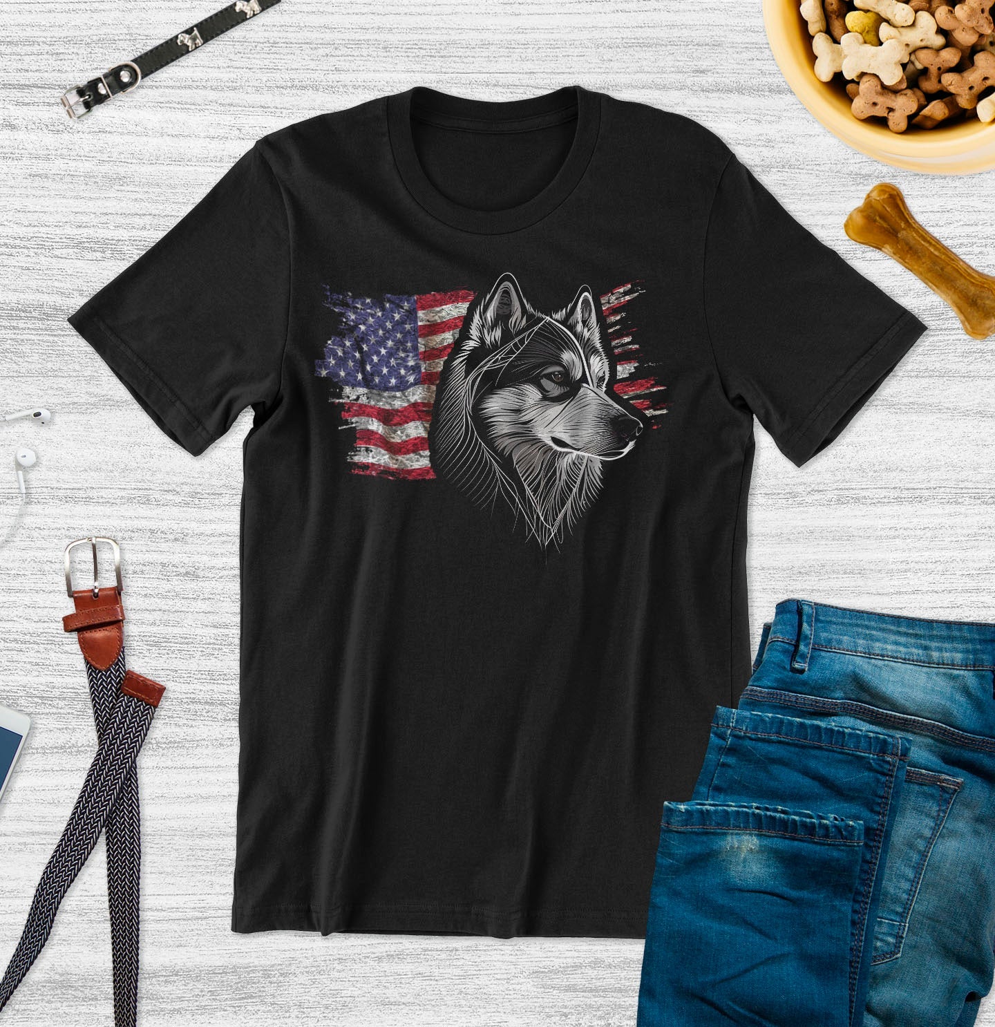 Patriotic Siberian Husky American Flag - Adult Unisex T-Shirt