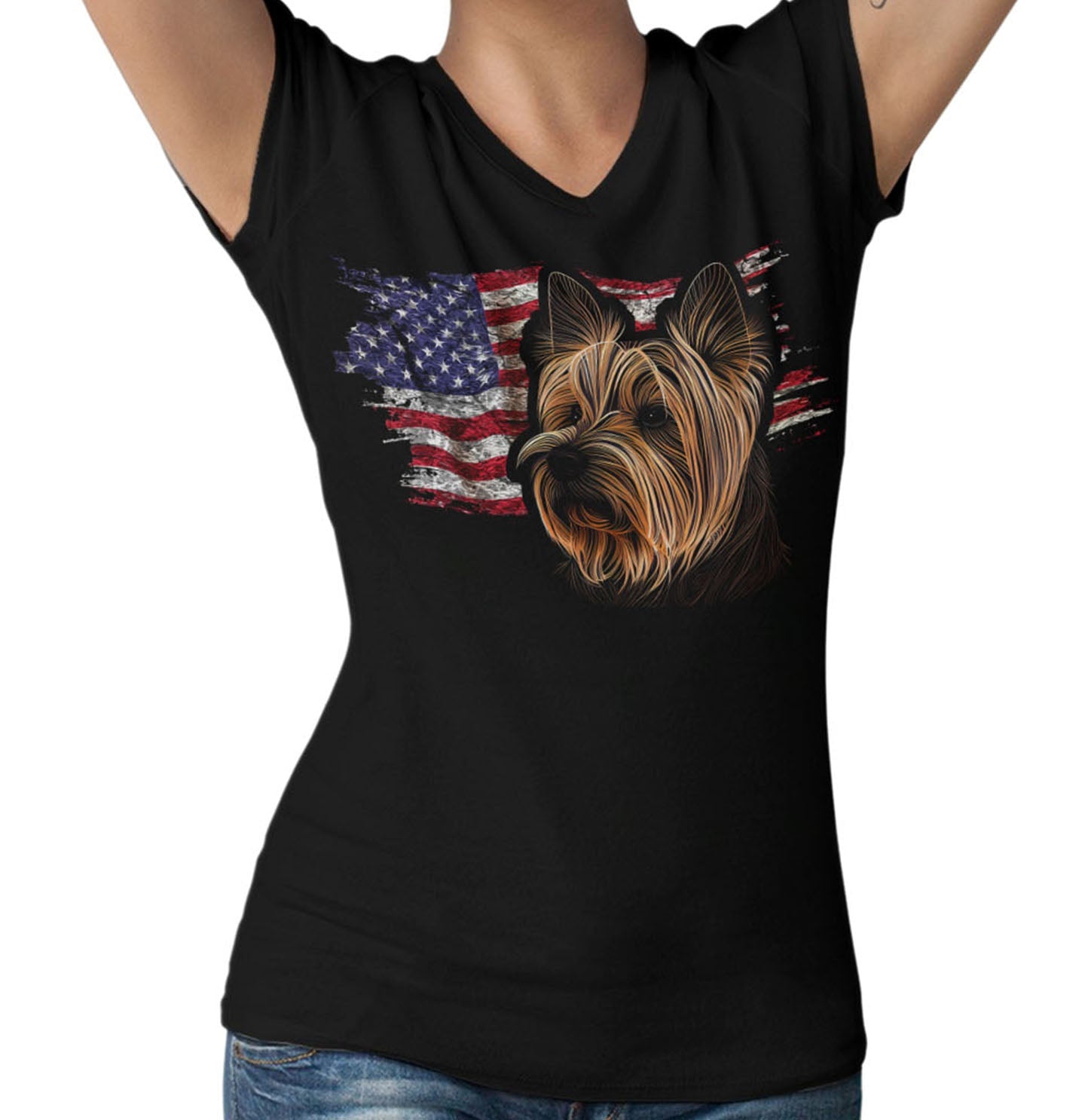 Patriotic Silky Terrier American Flag - Women's V-Neck T-Shirt