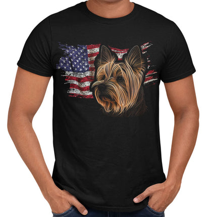 Patriotic Silky Terrier American Flag - Adult Unisex T-Shirt