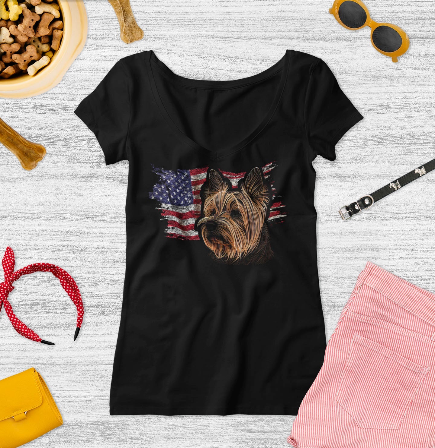 Patriotic Silky Terrier American Flag - Women's V-Neck T-Shirt