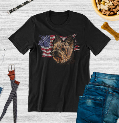 Patriotic Silky Terrier American Flag - Adult Unisex T-Shirt