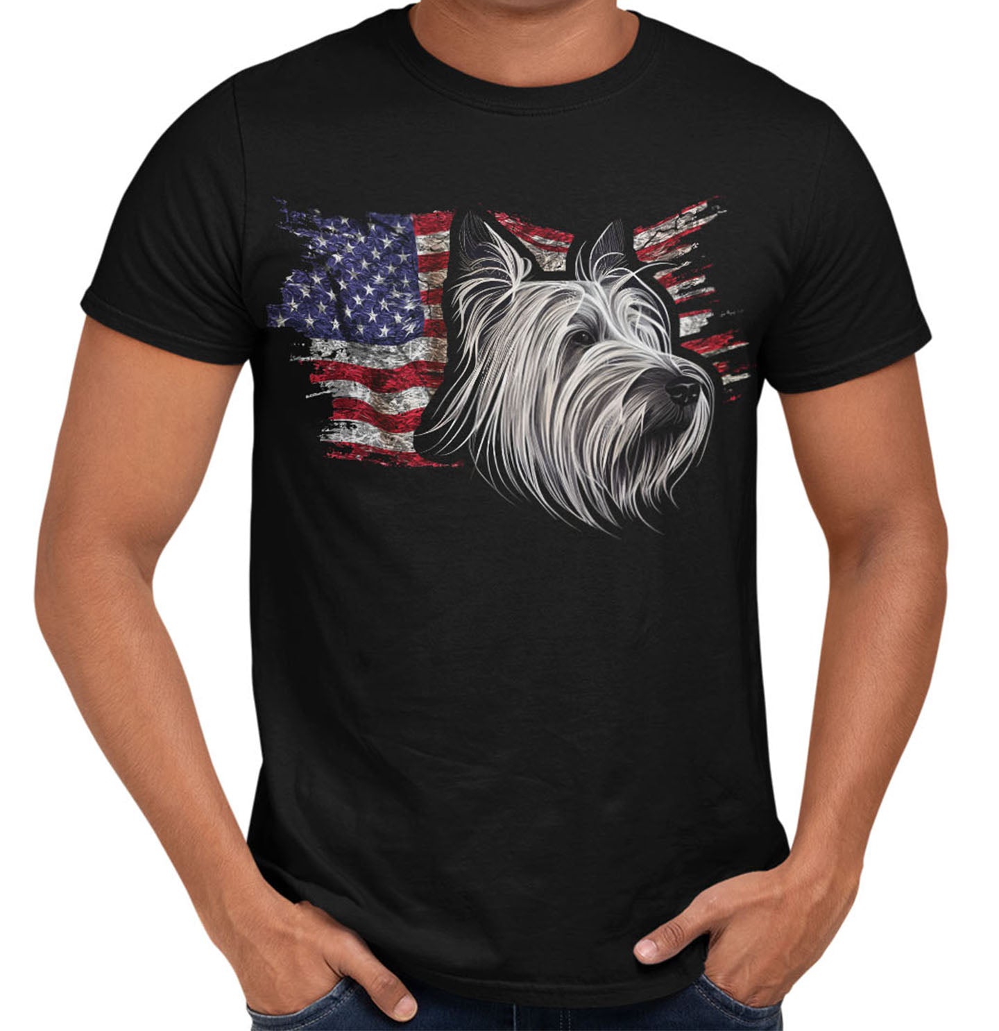 Patriotic Skye Terrier American Flag - Adult Unisex T-Shirt