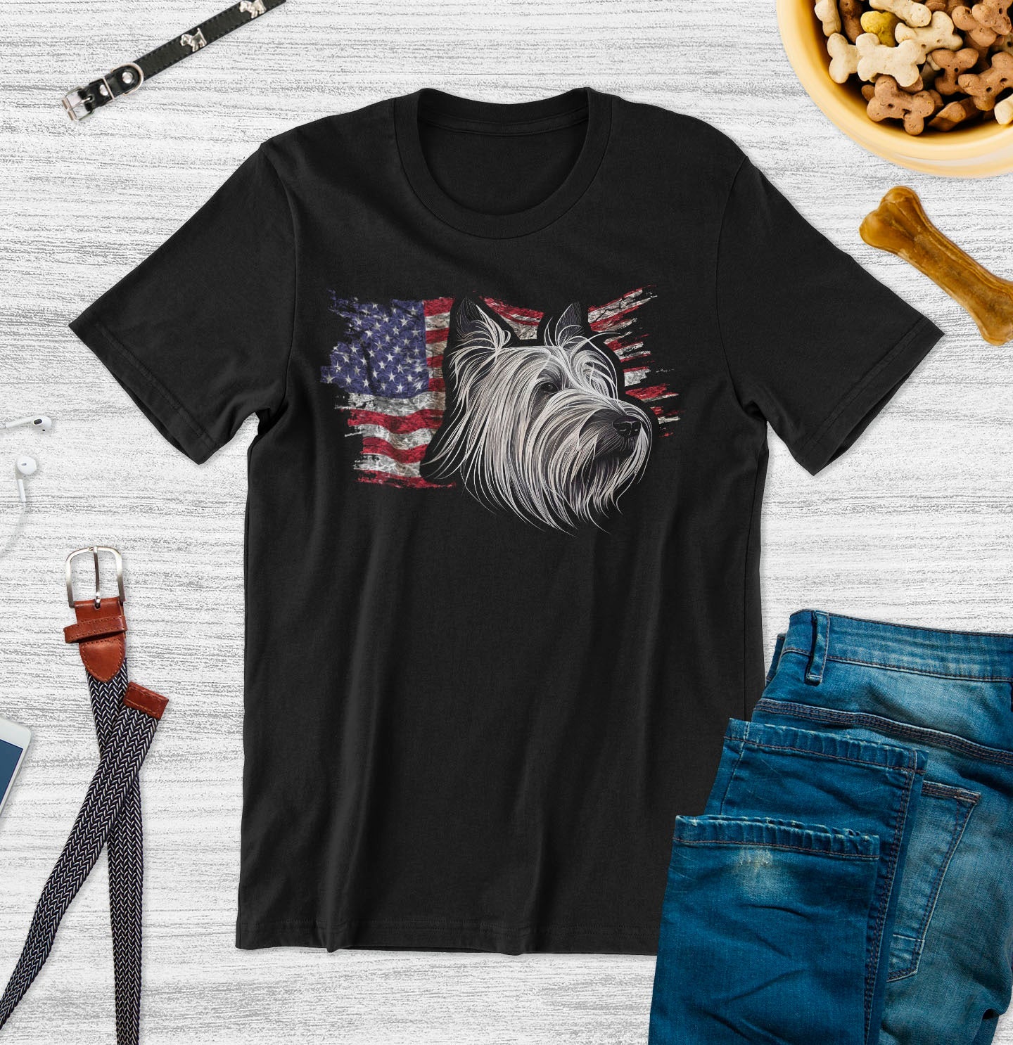 Patriotic Skye Terrier American Flag - Adult Unisex T-Shirt