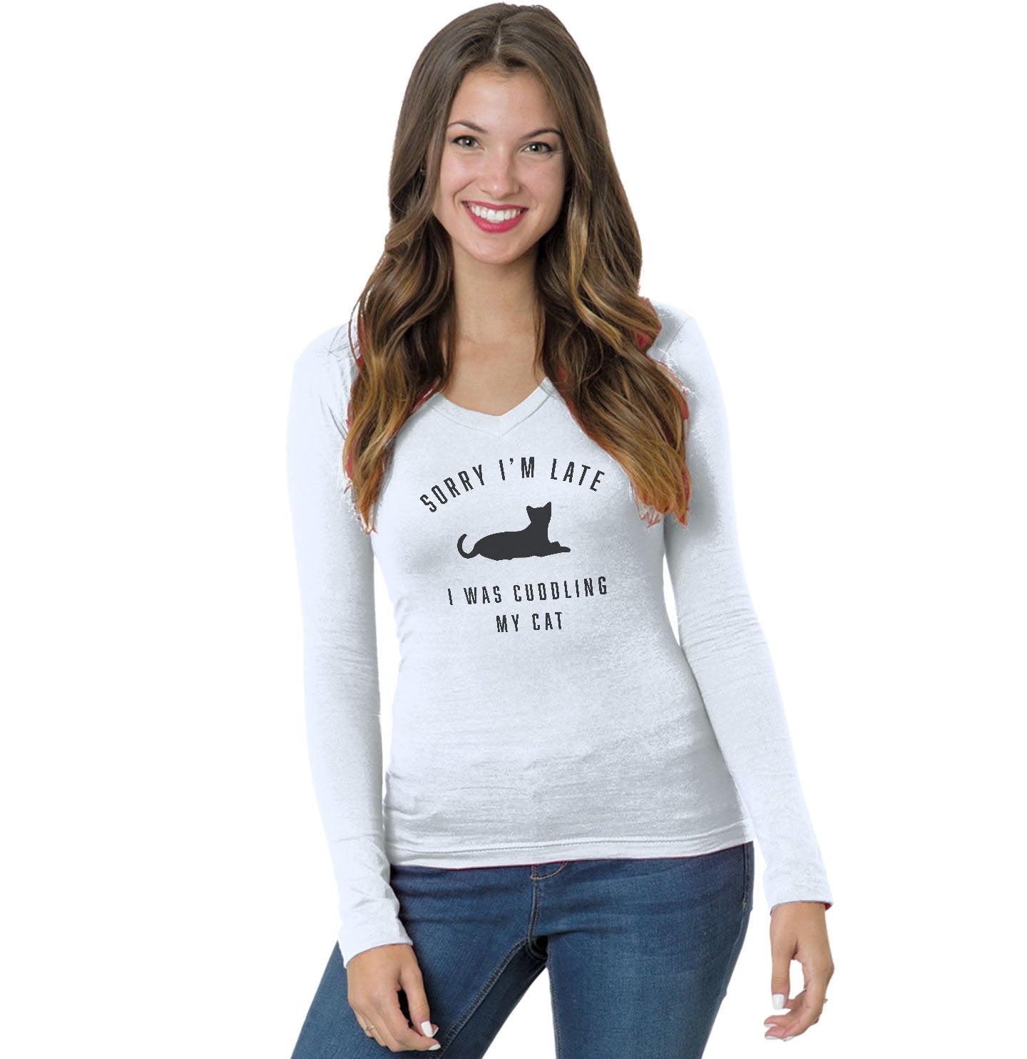 Sorry I'm Late Cat Cuddling Silhouette - Women's V-Neck Long Sleeve T-Shirt