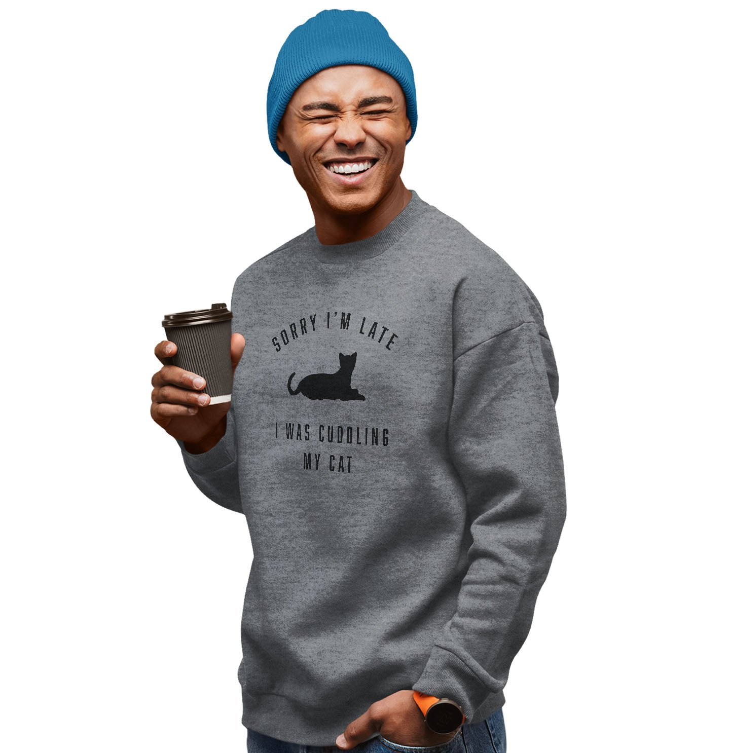 Animal Pride - Sorry I'm Late Cat Cuddling Silhouette - Adult Unisex Crewneck Sweatshirt